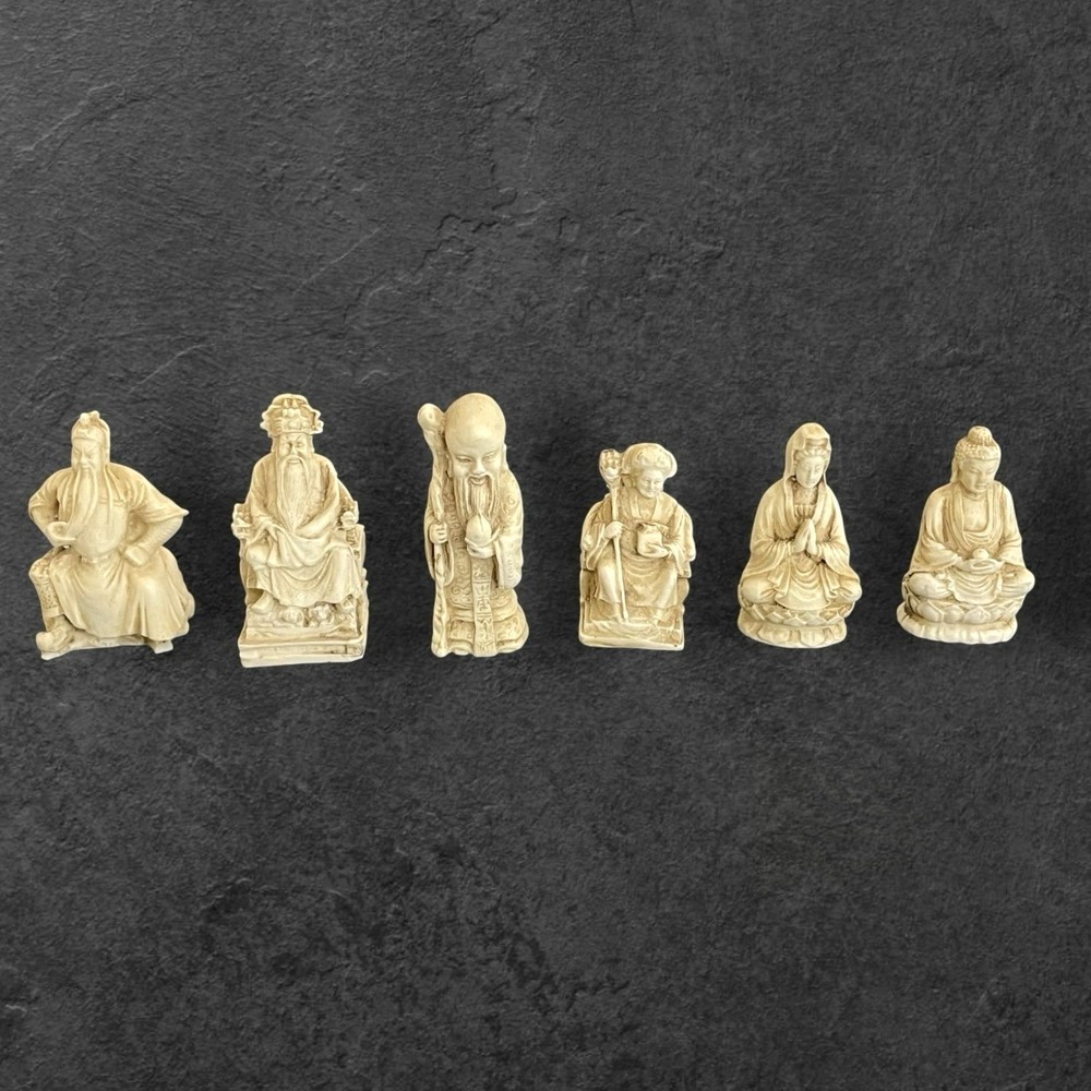VTG Chinese‎ Faux Ivory Ornate Deity Figurine Set of 6 Decor Alter Mid Century
